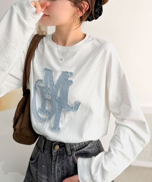 mily bilet(ミウィビレット)の「【mily bilet】"秋もこの子と一緒♪"ヴィンテージライクな存在感。ドットデニムフリンジワッペン使いロンT(長袖)(Tシャツ/カットソー・レディース・ブラック系1/ホワイト系1/ホワイト・X-LARGE/LARGE/SMALL/MEDIUM)」の21枚目の写真