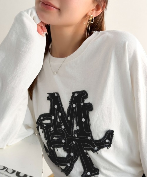 mily bilet(ミウィビレット)の「【mily bilet】"秋もこの子と一緒♪"ヴィンテージライクな存在感。ドットデニムフリンジワッペン使いロンT(長袖)(Tシャツ/カットソー・レディース・ブラック系1/ホワイト系1/ホワイト・X-LARGE/LARGE/SMALL/MEDIUM)」の5枚目の写真