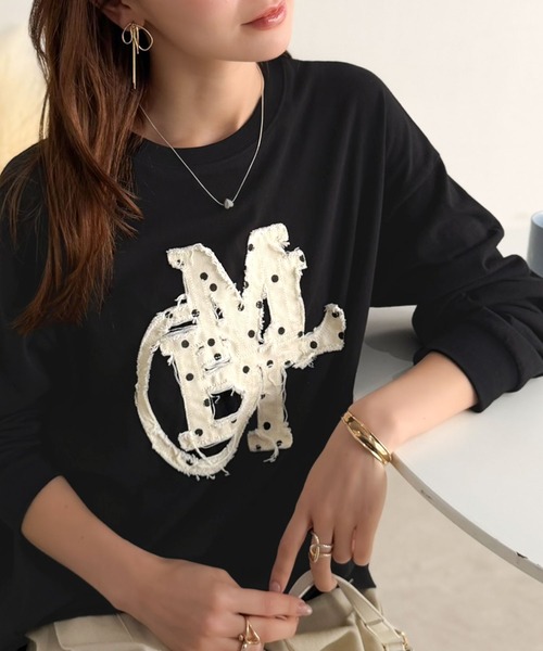 mily bilet(ミウィビレット)の「【mily bilet】"秋もこの子と一緒♪"ヴィンテージライクな存在感。ドットデニムフリンジワッペン使いロンT(長袖)(Tシャツ/カットソー・レディース・ブラック系1/ホワイト系1/ホワイト・X-LARGE/LARGE/SMALL/MEDIUM)」の15枚目の写真