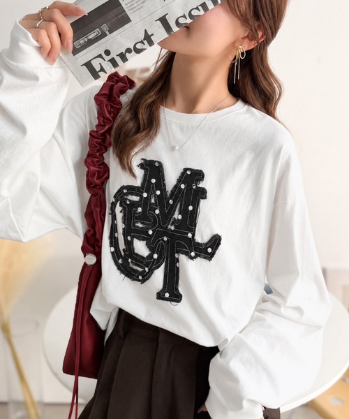 mily bilet(ミウィビレット)の「【mily bilet】"秋もこの子と一緒♪"ヴィンテージライクな存在感。ドットデニムフリンジワッペン使いロンT(長袖)(Tシャツ/カットソー・レディース・ブラック系1/ホワイト系1/ホワイト・X-LARGE/LARGE/SMALL/MEDIUM)」の8枚目の写真