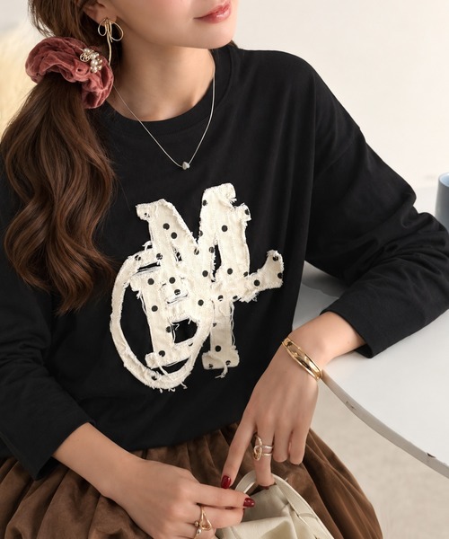 mily bilet(ミウィビレット)の「【mily bilet】"秋もこの子と一緒♪"ヴィンテージライクな存在感。ドットデニムフリンジワッペン使いロンT(長袖)(Tシャツ/カットソー・レディース・ブラック系1/ホワイト系1/ホワイト・X-LARGE/LARGE/SMALL/MEDIUM)」の18枚目の写真