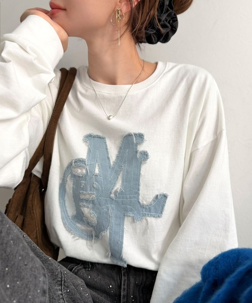 mily bilet(ミウィビレット)の「【mily bilet】"秋もこの子と一緒♪"ヴィンテージライクな存在感。ドットデニムフリンジワッペン使いロンT(長袖)(Tシャツ/カットソー・レディース・ブラック系1/ホワイト系1/ホワイト・X-LARGE/LARGE/SMALL/MEDIUM)」の16枚目の写真