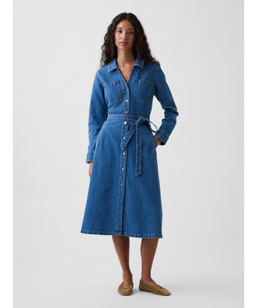 GAP(ギャップ)の「デニム タイベルト ミディワンピース(ワンピース・レディース・インディゴブルー・XS/S/M/L)」の1枚目の写真
