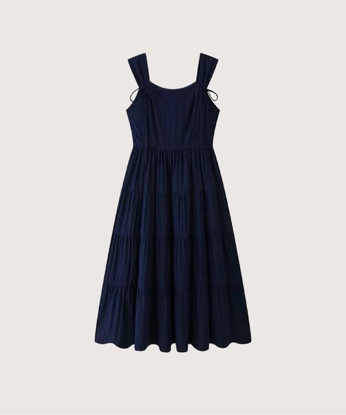 les fees love filles(レフェラブフィユ)の「Navy Bow Strap Tiered Midi Dress(ワンピース・レディース・ネイビー・FREE)」の1枚目の写真
