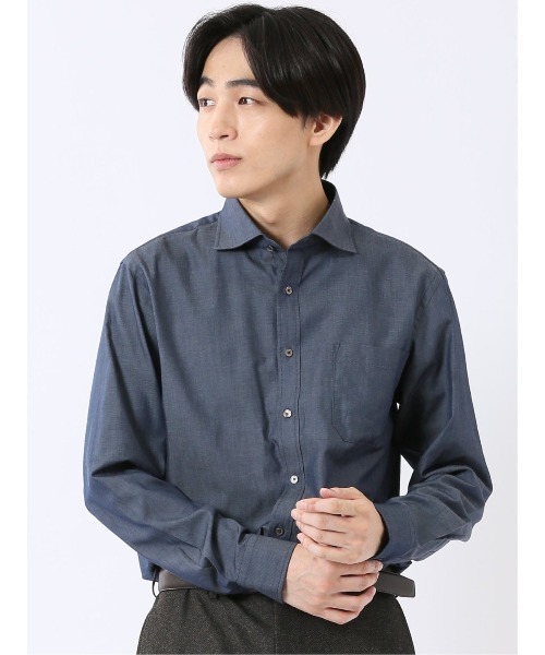 TAKA-Q(タカキュー)の「ワイシャツ メンズ 長袖 カッタウェイ オフィスカジュアル シャンブレー デニム調 綿 コットン NEWスタンダードフィット(ビジネスシャツ・メンズ・ネイビー・MEDIUM/X-LARGE/LARGE)」の1枚目の写真