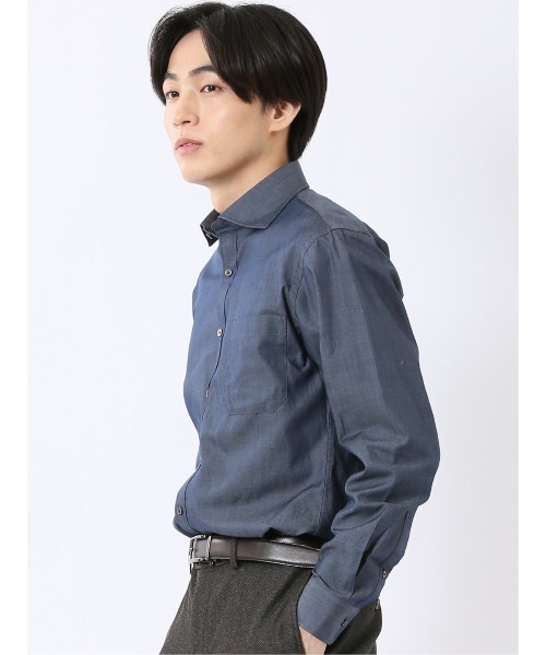 TAKA-Q(タカキュー)の「ワイシャツ メンズ 長袖 カッタウェイ オフィスカジュアル シャンブレー デニム調 綿 コットン NEWスタンダードフィット(ビジネスシャツ・メンズ・ネイビー・MEDIUM/X-LARGE/LARGE)」の4枚目の写真