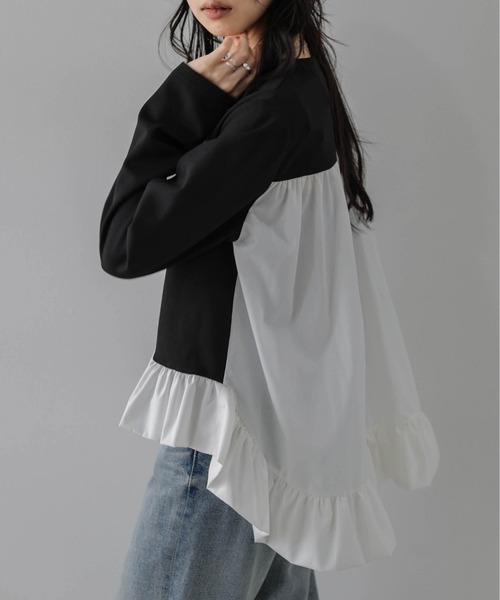 La-gemme（ラジェム）の「異素材ドッキングトップス/前後差シルエット/レイヤード風（その他トップス・レディース・グレー/ブラック・フリー）」の5枚目の写真