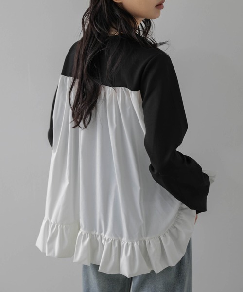 La-gemme（ラジェム）の「異素材ドッキングトップス/前後差シルエット/レイヤード風（その他トップス・レディース・グレー/ブラック・フリー）」の6枚目の写真