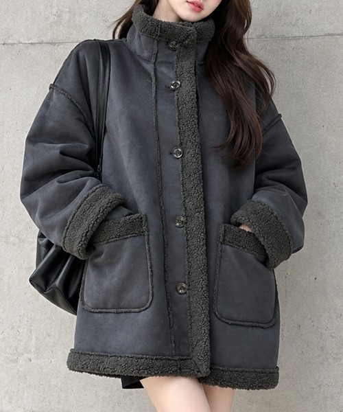 GLAMOROUS JANE(グラマラスジェーン)の「フェイクムートンスタンドジャケット(ムートンコート・レディース・アイボリー/ブラウン/ブラック/チャコールグレー・FREE)」の4枚目の写真
