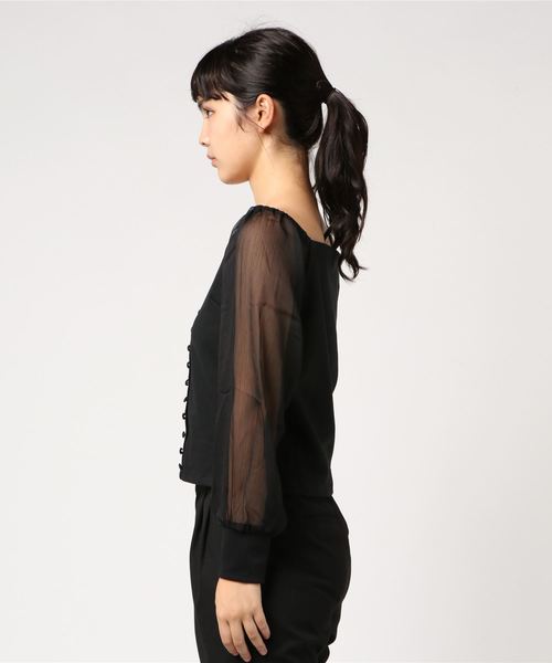 MIIA（ミーア）の「ビスチェ風シースルースリーブトップス（Tシャツ/カットソー・レディース・ホワイト/ピンク/オレンジ/ブラック・FREE）」の5枚目の写真