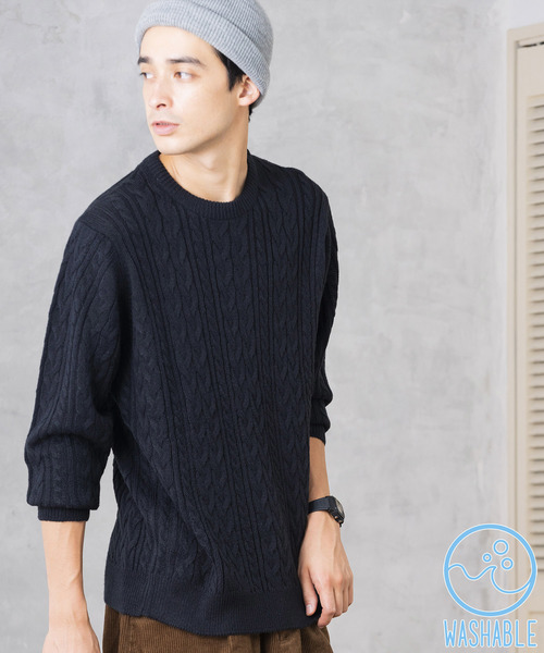 WEGO(ウィゴー)の「WEGO/ケーブルクルーネックニット(ニット/セーター・メンズ・ホワイト/ブラック/ダークグリーン/パープル/ネイビー/杢グレー/キャメル/ワイン・SMALL/MEDIUM/LARGE)」の2枚目の写真