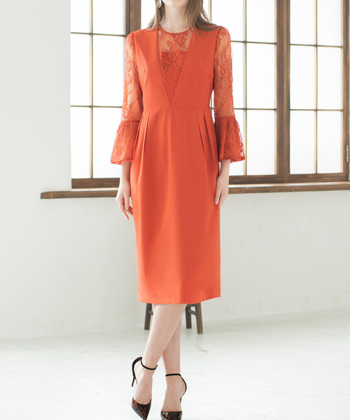 レース切替フレアスリーブコクーンシルエット結婚式ワンピース ドレス 二次会 成人式 同窓会 謝恩会 お呼ばれ対応フォーマルパーティードレス ドレス Girl ガール のファッション