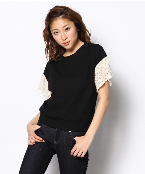 mystic（ミスティック）の「袖レースフレアリブプルオーバー（Tシャツ/カットソー・レディース・ベージュ/ブラック/オフホワイト/グレー・ﾌﾘ-）」の11枚目の写真