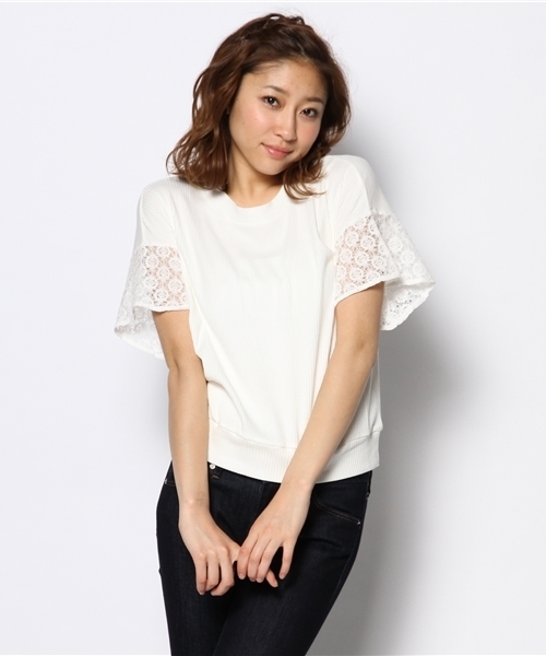 mystic（ミスティック）の「袖レースフレアリブプルオーバー（Tシャツ/カットソー・レディース・ベージュ/ブラック/オフホワイト/グレー・ﾌﾘ-）」の14枚目の写真