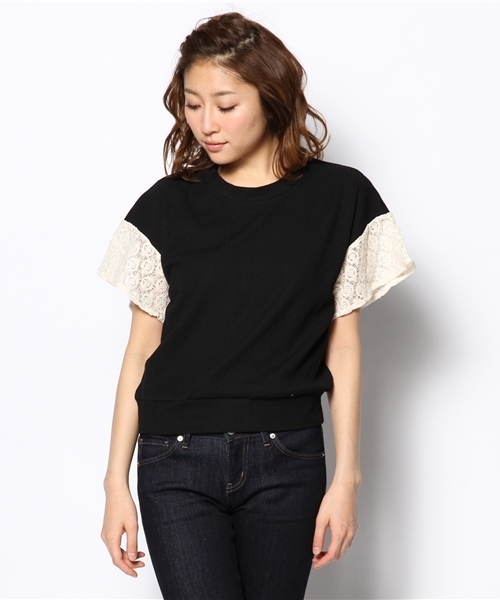 mystic（ミスティック）の「袖レースフレアリブプルオーバー（Tシャツ/カットソー・レディース・ベージュ/ブラック/オフホワイト/グレー・ﾌﾘ-）」の6枚目の写真