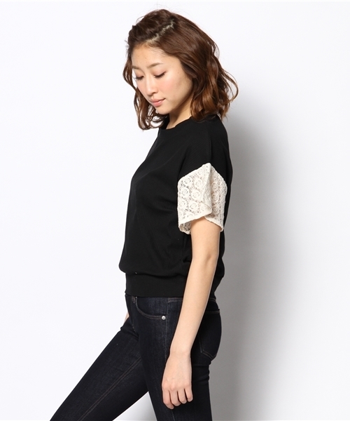mystic（ミスティック）の「袖レースフレアリブプルオーバー（Tシャツ/カットソー・レディース・ベージュ/ブラック/オフホワイト/グレー・ﾌﾘ-）」の5枚目の写真