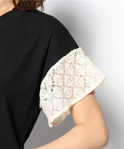 mystic（ミスティック）の「袖レースフレアリブプルオーバー（Tシャツ/カットソー・レディース・ベージュ/ブラック/オフホワイト/グレー・ﾌﾘ-）」の8枚目の写真
