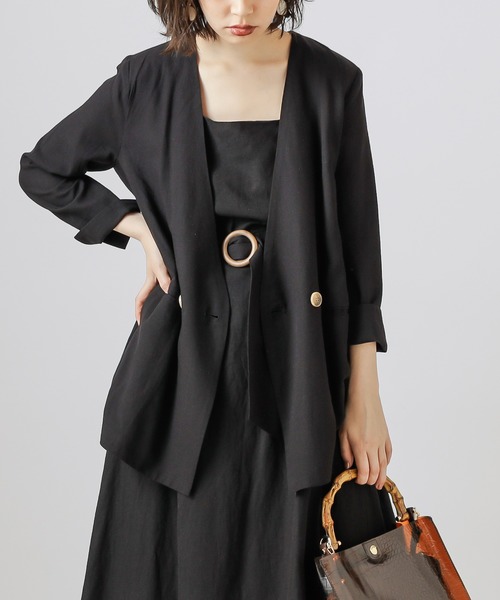 natural couture(ナチュラルクチュール)の「【WEB限定カラー有り】リネンシャツ感覚ジャケット(テーラードジャケット・レディース・ベージュ/ストライプ/ブラック/カーキ/オレンジ・FREE)」の6枚目の写真