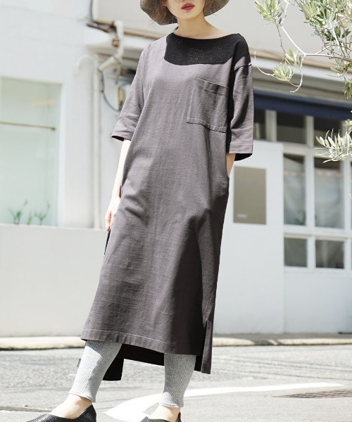 zootie(ズーティー)の「シミヘン加工 フレンチバスク ロングワンピース(ワンピース・レディース・ベージュ/ラベンダー/ホワイト×ブラック/ホワイト系その他/ブラウン系その他/キャメル/ブラック/ネイビー/チャコール/バーガンディー/レッド系その他/ライラック/ベージュ系その他/チョコ/ブラック系その他/ダークグリーン/杢グレー/レッド系その他2/ブラウン系その他2/イエロー系その他/グレー系その他・フリー)」の8枚目の写真
