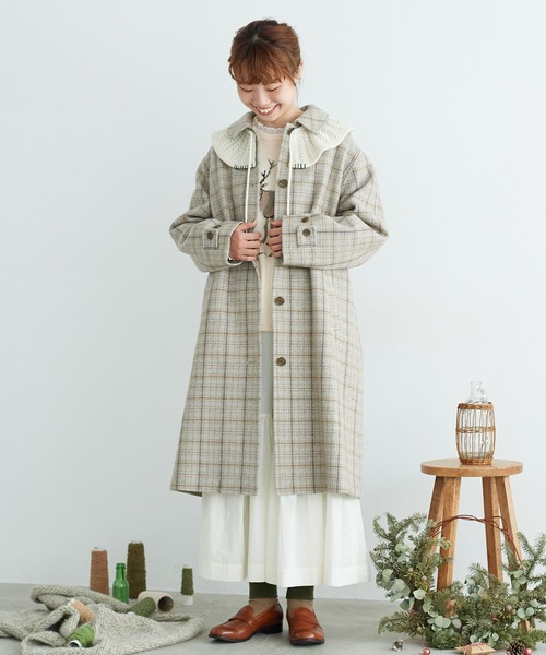 chambre de charme（シャンブルドゥシャーム）の「cdc リサイクルウール先染め　ステンカラーコート（ステンカラーコート・レディース・クリーム/チョコ・FREE）」の17枚目の写真