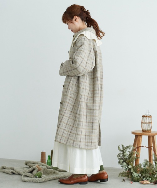 chambre de charme（シャンブルドゥシャーム）の「cdc リサイクルウール先染め　ステンカラーコート（ステンカラーコート・レディース・クリーム/チョコ・FREE）」の5枚目の写真