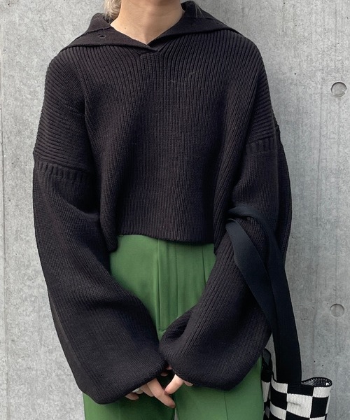 w closet（ダブルクローゼット）の「片畦スタンドネックショートトップス（ニット/セーター・レディース・オフホワイト/ライム/パープル/スミクロ・FREE）」の3枚目の写真