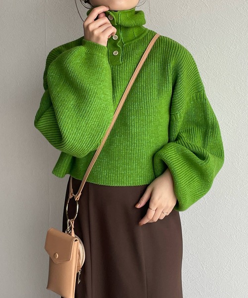 w closet（ダブルクローゼット）の「片畦スタンドネックショートトップス（ニット/セーター・レディース・オフホワイト/ライム/パープル/スミクロ・FREE）」の20枚目の写真