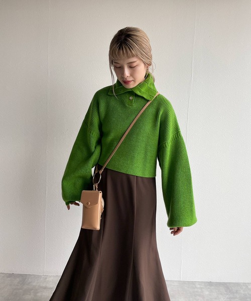 w closet（ダブルクローゼット）の「片畦スタンドネックショートトップス（ニット/セーター・レディース・オフホワイト/ライム/パープル/スミクロ・FREE）」の18枚目の写真