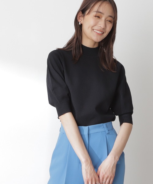 N.（N. Natural Beauty Basic）（エヌエヌナチュラルビューティーベーシック）の「◆プレーティング天竺５分袖ニット（ニット/セーター・レディース・ブラック/ブラウン/レッド/ブルー/クリーム/ライラック・MEDIUM）」の2枚目の写真