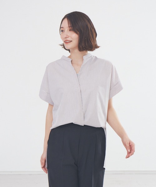 abahouse mavie（アバハウスマヴィ）の「後ボタンフレンチスリーブシャツ（シャツ/ブラウス・レディース・ストライプ/ホワイト/ベージュ系その他/オフホワイト/イエロー/グリーン/ダークオレンジ・フリー）」の2枚目の写真