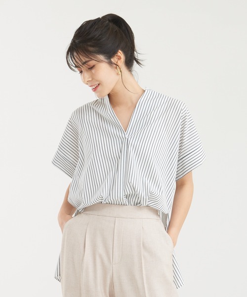 abahouse mavie（アバハウスマヴィ）の「後ボタンフレンチスリーブシャツ（シャツ/ブラウス・レディース・ストライプ/ホワイト/ベージュ系その他/オフホワイト/イエロー/グリーン/ダークオレンジ・フリー）」の7枚目の写真