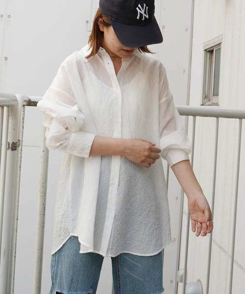 VENCEEXCHANGE(ヴァンスエクスチェンジ)の「ストライプシアーシャツ(シャツ/ブラウス・レディース・オフホワイト/オレンジ/ブルー/グリーン・M)」の2枚目の写真