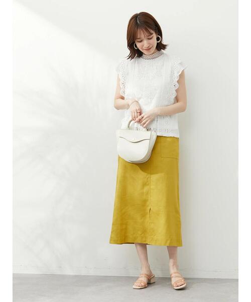 Green　Parks（グリーンパークス）の「ベルギーリネン混 タイトスカート（スカート・レディース・イエロー/チェック/ベージュ/グリーン・FREE）」の5枚目の写真