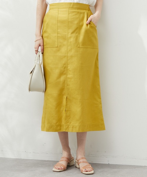 Green　Parks（グリーンパークス）の「ベルギーリネン混 タイトスカート（スカート・レディース・イエロー/チェック/ベージュ/グリーン・FREE）」の3枚目の写真