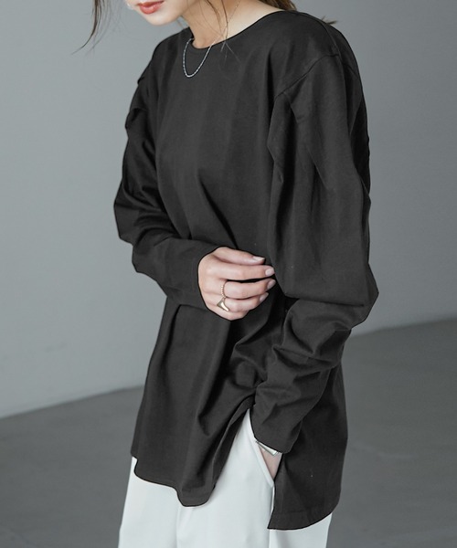 Fashion Letter（ファッションレター）の「[M-5L]袖タックロングスリーブTEE（Tシャツ/カットソー・レディース・ブラック/オフホワイト/杢グレー/グレイッシュベージュ・M～Ｌ/4L～5L/LL～3L）」の3枚目の写真
