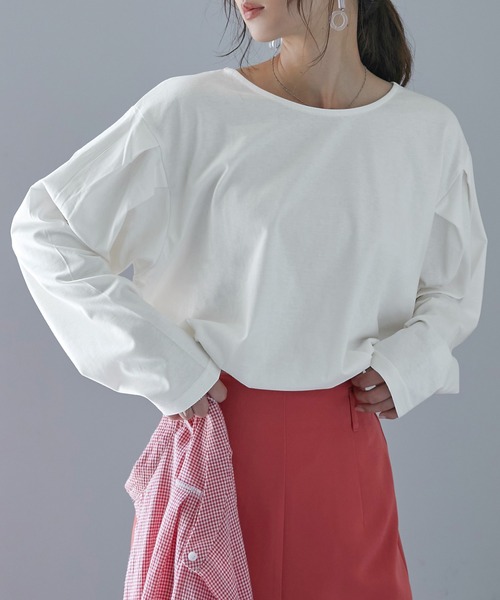 Fashion Letter（ファッションレター）の「[M-5L]袖タックロングスリーブTEE（Tシャツ/カットソー・レディース・ブラック/オフホワイト/杢グレー/グレイッシュベージュ・M～Ｌ/4L～5L/LL～3L）」の11枚目の写真