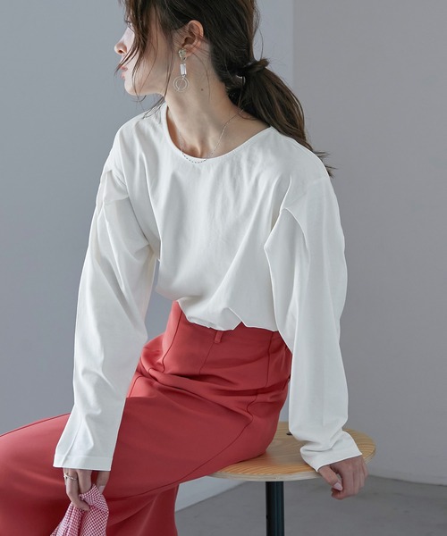 Fashion Letter（ファッションレター）の「[M-5L]袖タックロングスリーブTEE（Tシャツ/カットソー・レディース・ブラック/オフホワイト/杢グレー/グレイッシュベージュ・M～Ｌ/4L～5L/LL～3L）」の12枚目の写真