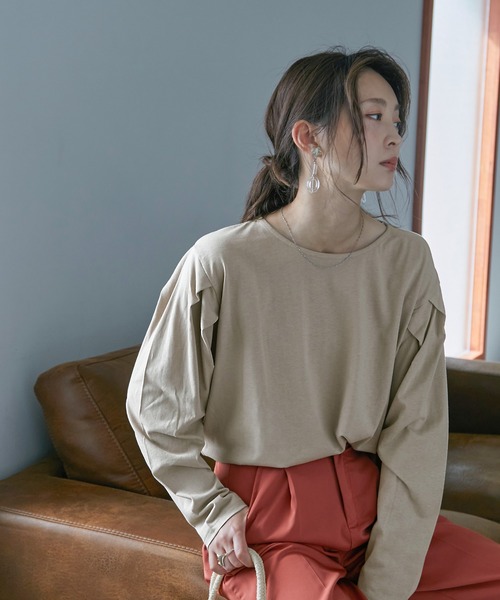 Fashion Letter（ファッションレター）の「[M-5L]袖タックロングスリーブTEE（Tシャツ/カットソー・レディース・ブラック/オフホワイト/杢グレー/グレイッシュベージュ・M～Ｌ/4L～5L/LL～3L）」の13枚目の写真