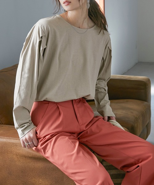 Fashion Letter（ファッションレター）の「[M-5L]袖タックロングスリーブTEE（Tシャツ/カットソー・レディース・ブラック/オフホワイト/杢グレー/グレイッシュベージュ・M～Ｌ/4L～5L/LL～3L）」の15枚目の写真