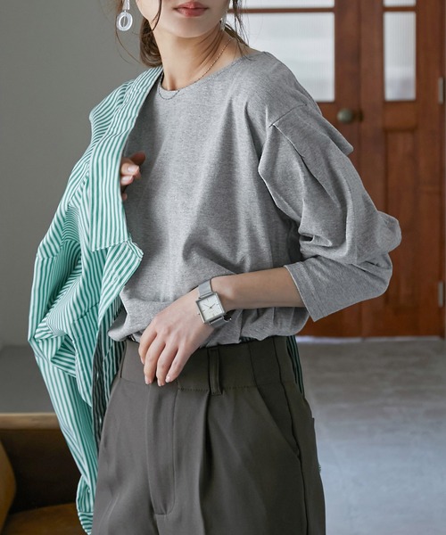 Fashion Letter（ファッションレター）の「[M-5L]袖タックロングスリーブTEE（Tシャツ/カットソー・レディース・ブラック/オフホワイト/杢グレー/グレイッシュベージュ・M～Ｌ/4L～5L/LL～3L）」の20枚目の写真
