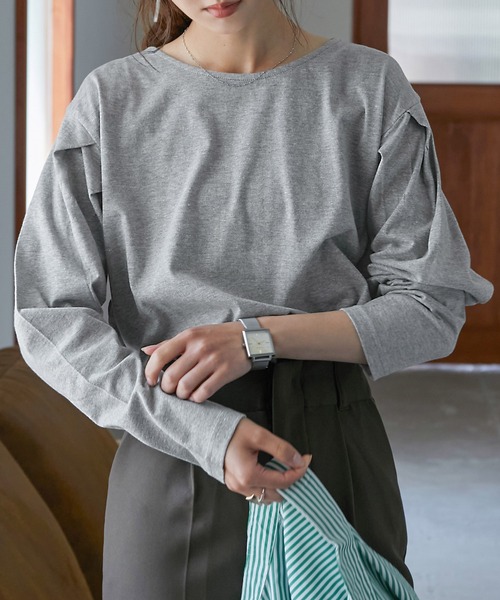 Fashion Letter（ファッションレター）の「[M-5L]袖タックロングスリーブTEE（Tシャツ/カットソー・レディース・ブラック/オフホワイト/杢グレー/グレイッシュベージュ・M～Ｌ/4L～5L/LL～3L）」の22枚目の写真