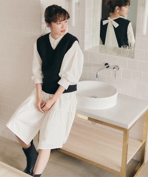 titivate（ティティベイト）の「ﾊﾞｯｸﾘﾎﾞﾝ付きﾃｨｱｰﾄﾞﾜﾝﾋﾟｰｽ（ワンピース・レディース・ブラウン/ブラック/オフホワイト・S/L/M）」の8枚目の写真