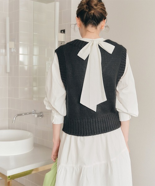 titivate（ティティベイト）の「ﾊﾞｯｸﾘﾎﾞﾝ付きﾃｨｱｰﾄﾞﾜﾝﾋﾟｰｽ（ワンピース・レディース・ブラウン/ブラック/オフホワイト・S/L/M）」の9枚目の写真