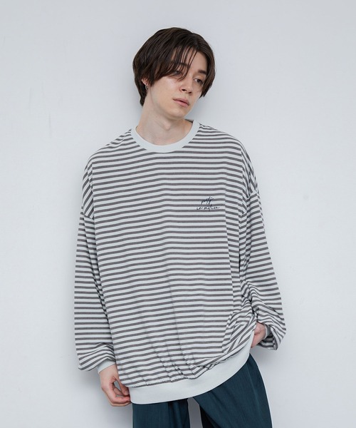 JUNRED（ジュンレッド）の「クラスターボーダー ワイドバルーンプルオーバー（Tシャツ/カットソー・メンズ・チャコールグレー/キナリ・S/M/L）」の2枚目の写真