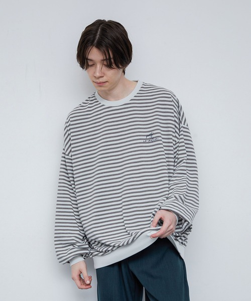 JUNRED（ジュンレッド）の「クラスターボーダー ワイドバルーンプルオーバー（Tシャツ/カットソー・メンズ・チャコールグレー/キナリ・S/M/L）」の3枚目の写真