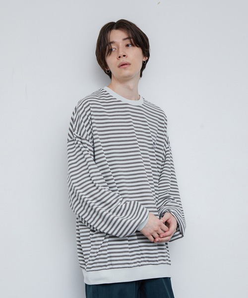 JUNRED（ジュンレッド）の「クラスターボーダー ワイドバルーンプルオーバー（Tシャツ/カットソー・メンズ・チャコールグレー/キナリ・S/M/L）」の4枚目の写真