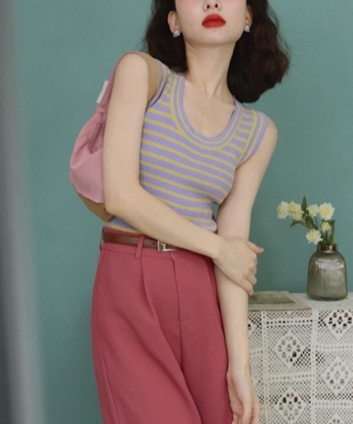 MANGROVE（マングローブ）の「バイカラーマルチボーダータンクトップ（タンクトップ・レディース・ブラック/パープル/オレンジ/グリーン・FREE）」の8枚目の写真