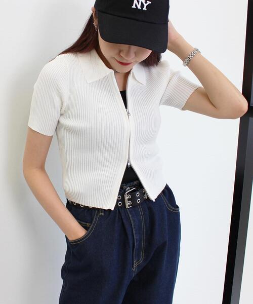 INGNI（イング）の「襟付フロントZIPニットカーディガン（カーディガン/ボレロ・レディース・ブラック/オフホワイト/オレンジ/ブルー・M）」の2枚目の写真