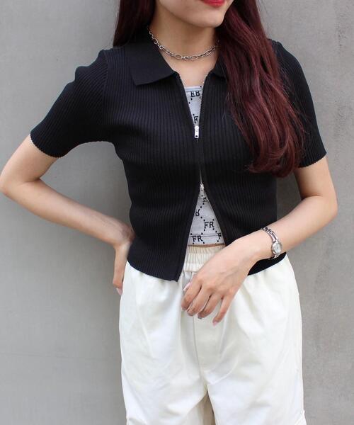 INGNI（イング）の「襟付フロントZIPニットカーディガン（カーディガン/ボレロ・レディース・ブラック/オフホワイト/オレンジ/ブルー・M）」の3枚目の写真