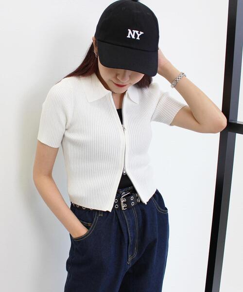 INGNI（イング）の「襟付フロントZIPニットカーディガン（カーディガン/ボレロ・レディース・ブラック/オフホワイト/オレンジ/ブルー・M）」の9枚目の写真